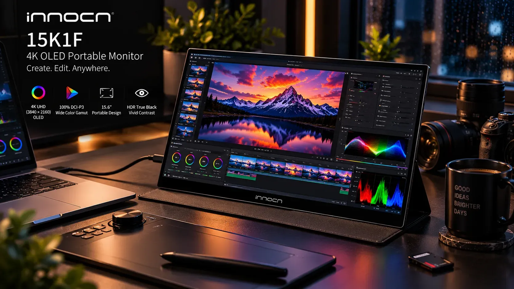 Innocn 15K1F showcasing its 4K OLED screen in action with creative software open.