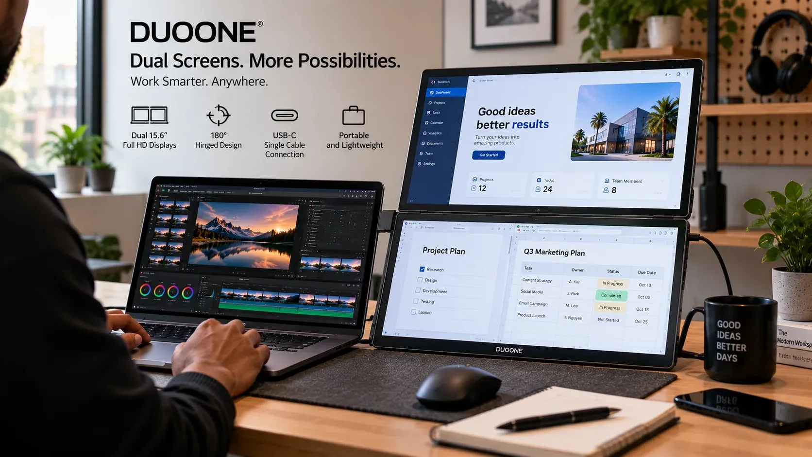 DUOONE dual monitor setup in use on a desk, showing its hinged dual-screen configuration.