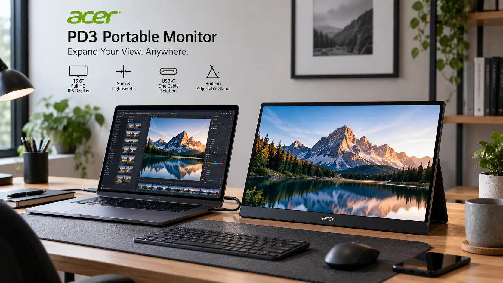 Acer PD3 Portable Monitor in a minimalist workspace setup.