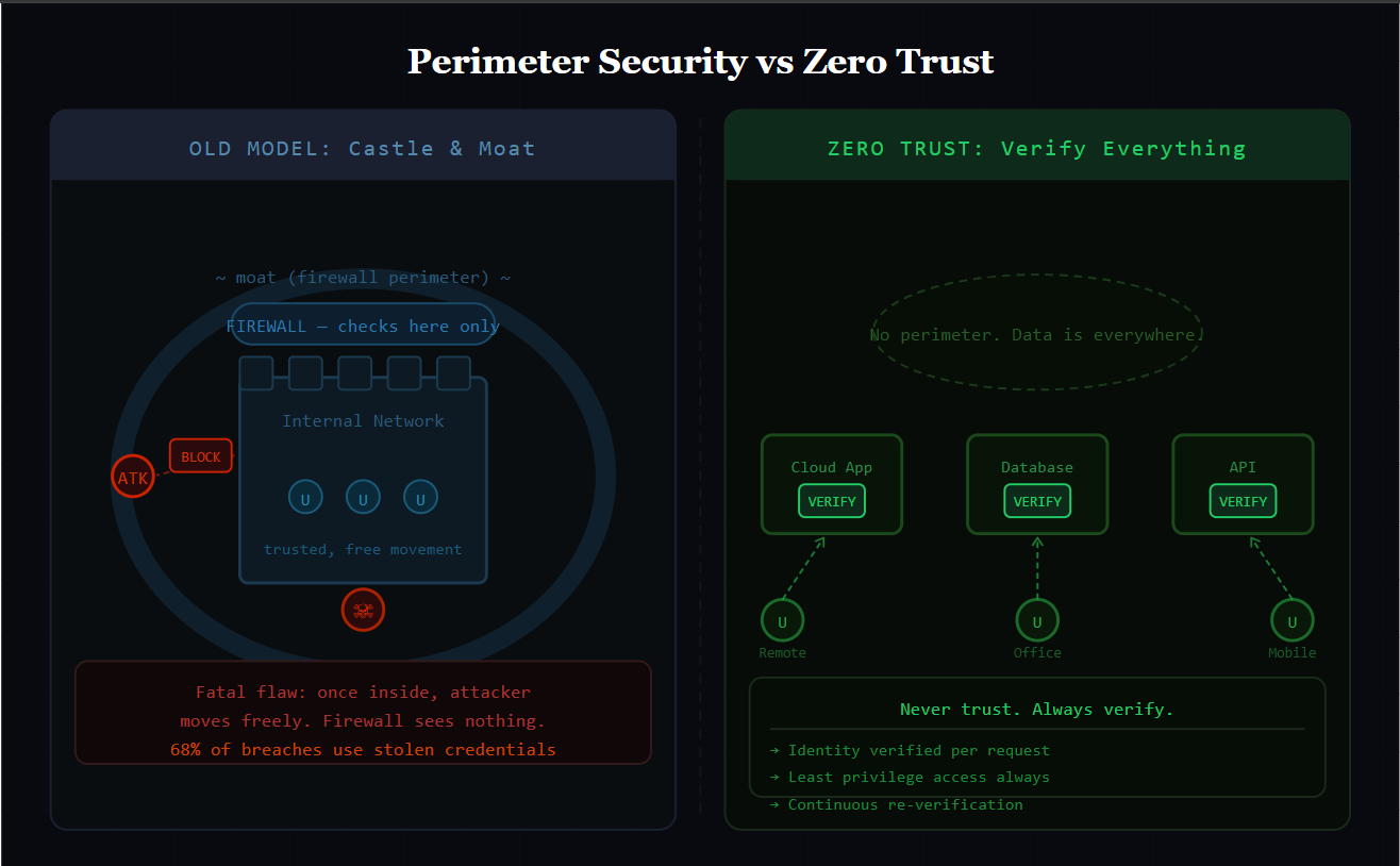 alt Zero Trust vs Perimeter (Castle & Moat)
