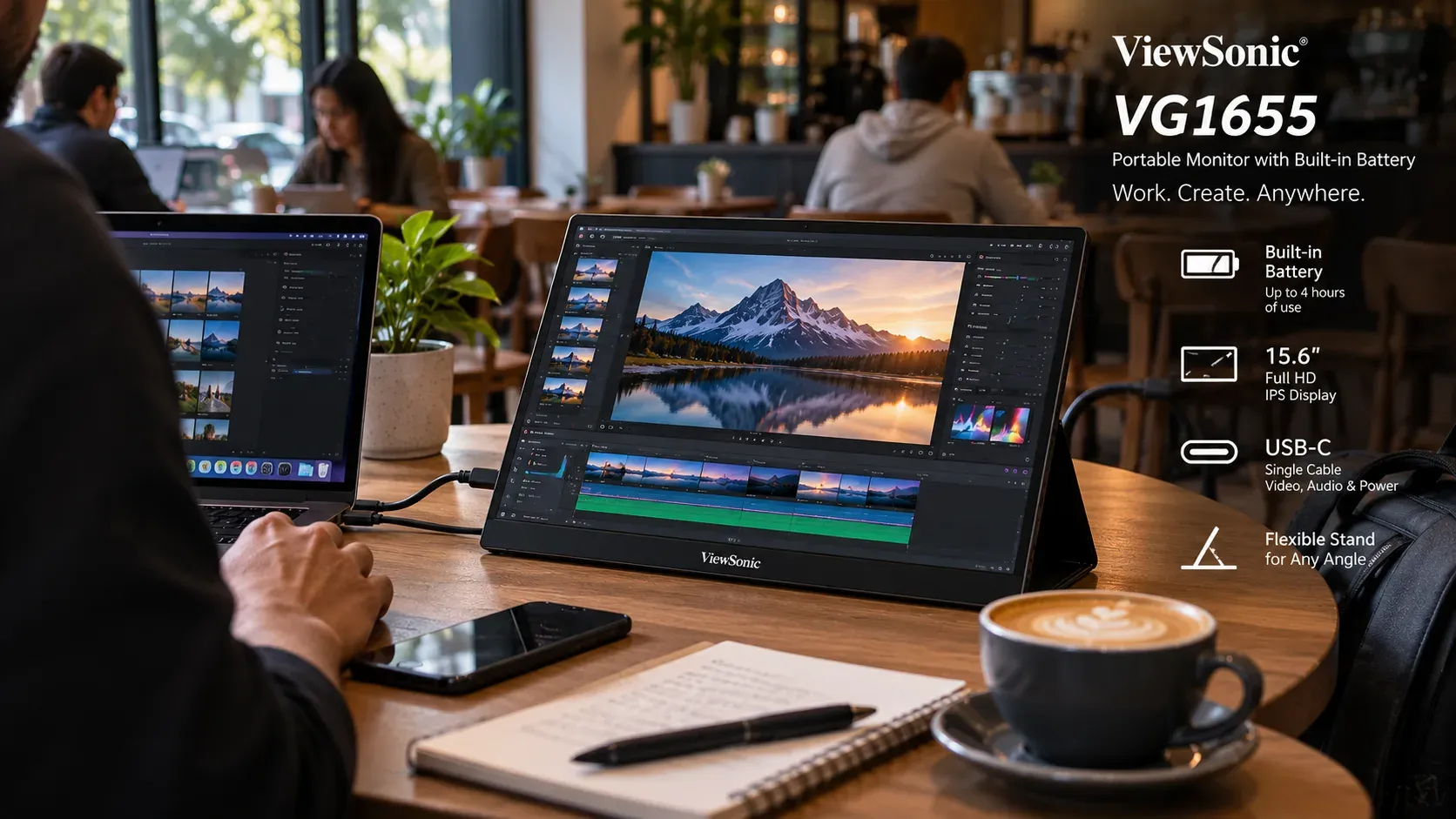 ViewSonic VG1655 shown in a coffee shop setup, emphasizing its battery-powered portability.