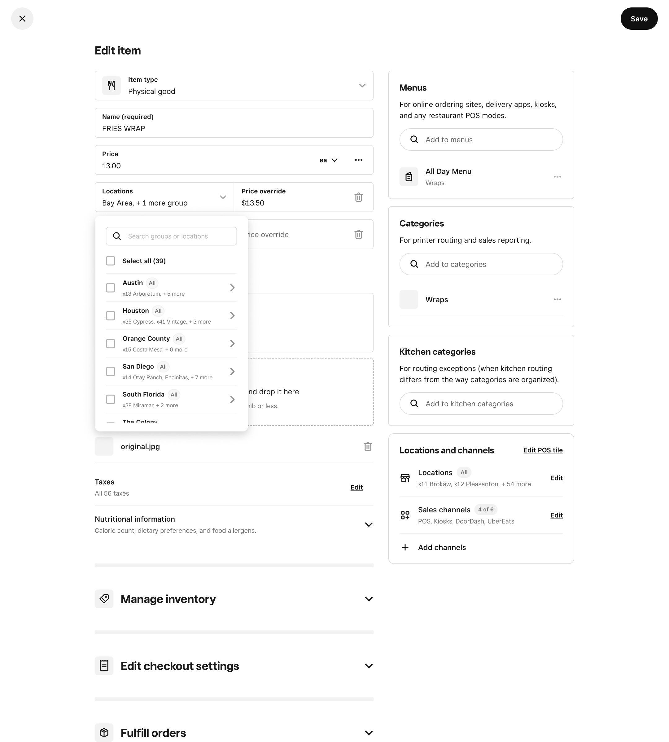 After: price overrides with location groups in the redesigned item editor.