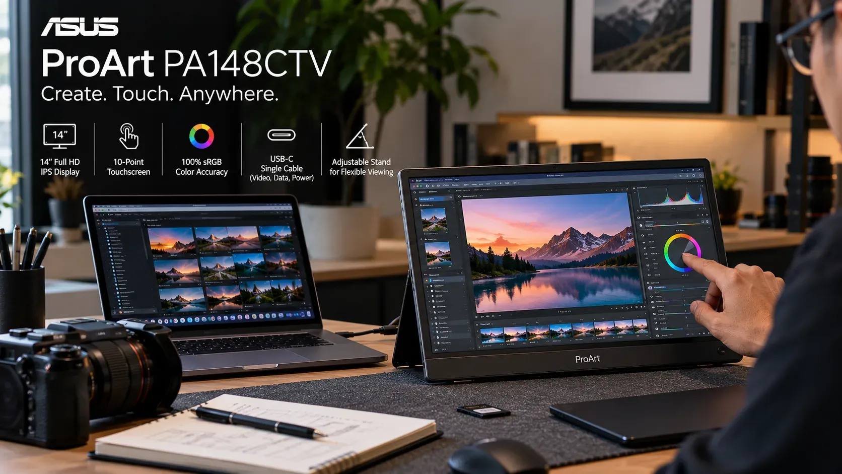 ASUS ProArt PA148CTV showing creative software open with its touchscreen interface.