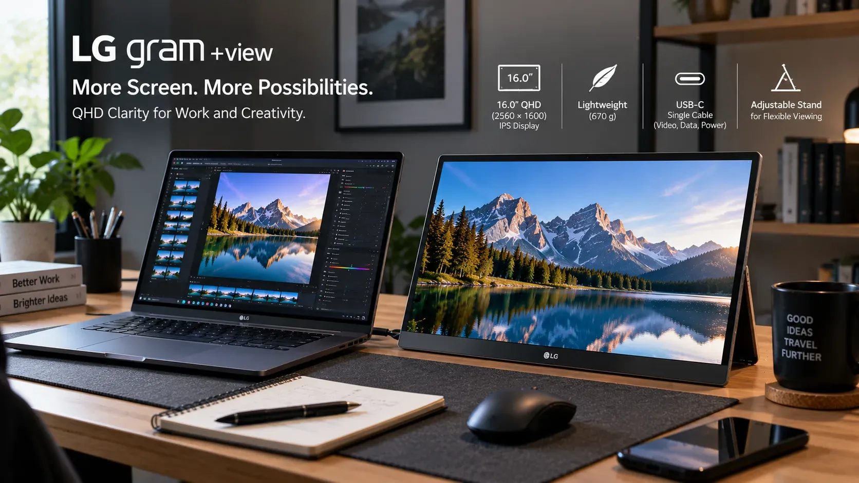 LG Gram +view monitor displayed alongside a laptop, emphasizing its QHD clarity.