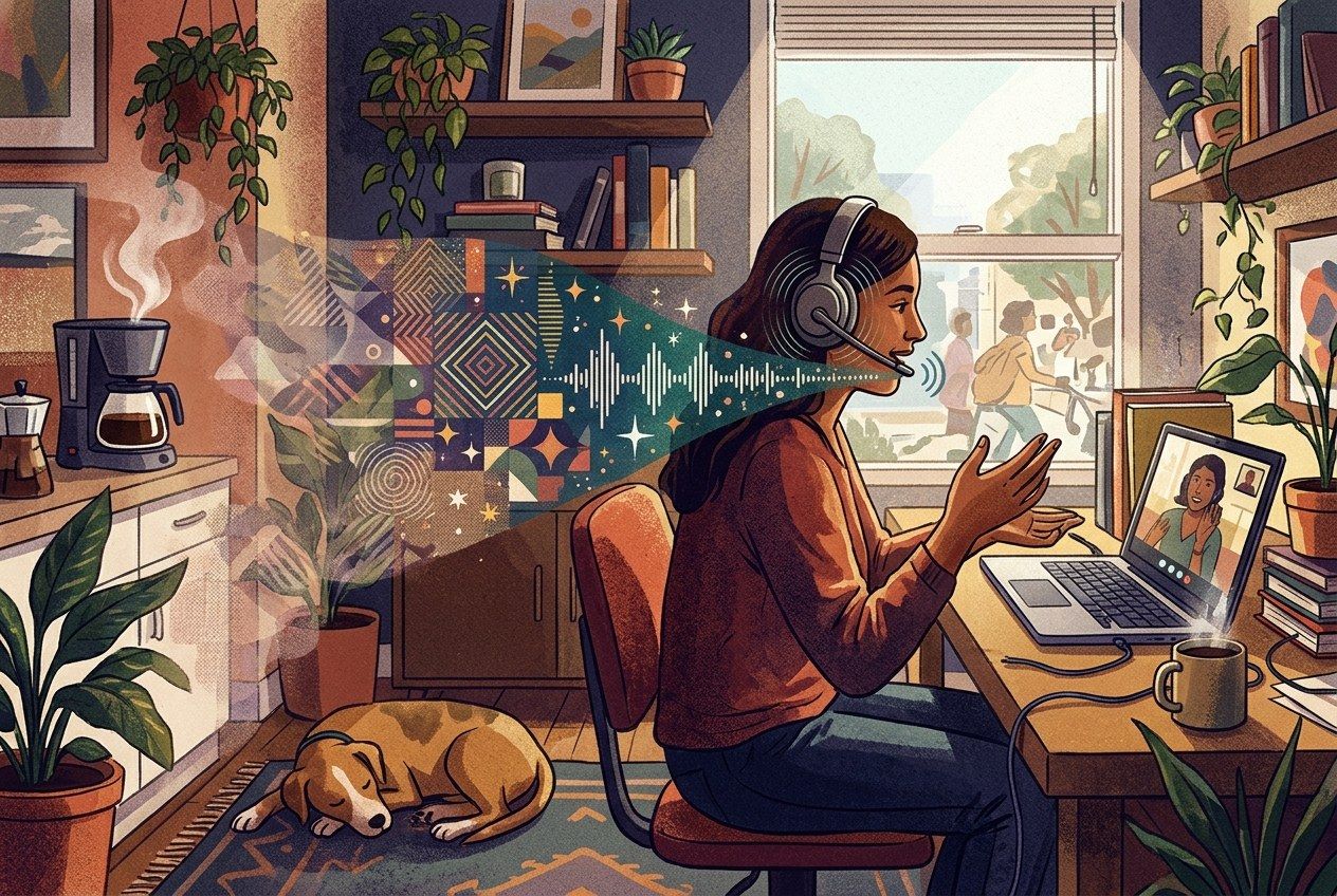 A professional wearing headphones while on a video call.