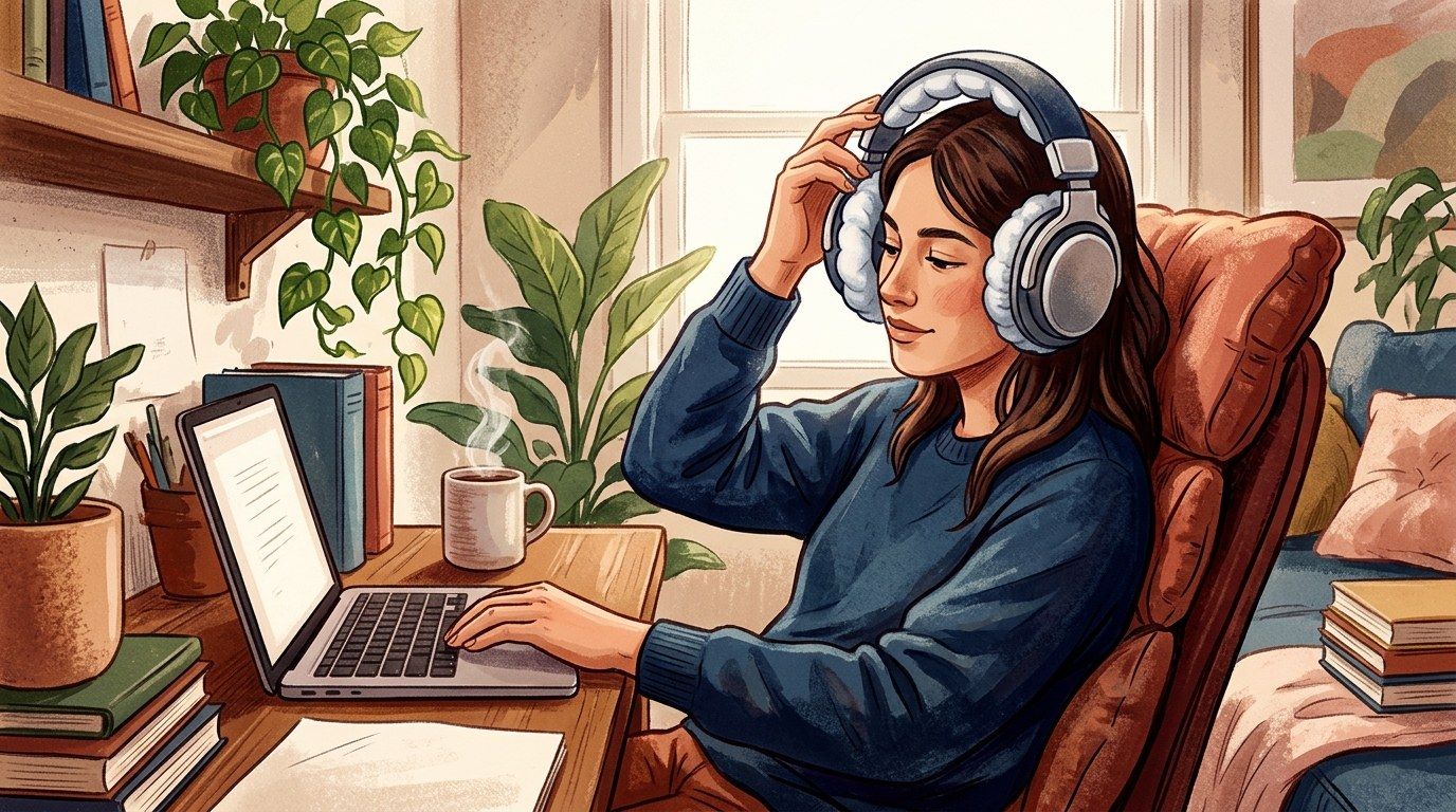 Close-up of cushioned over-ear headphones resting on a notebook.