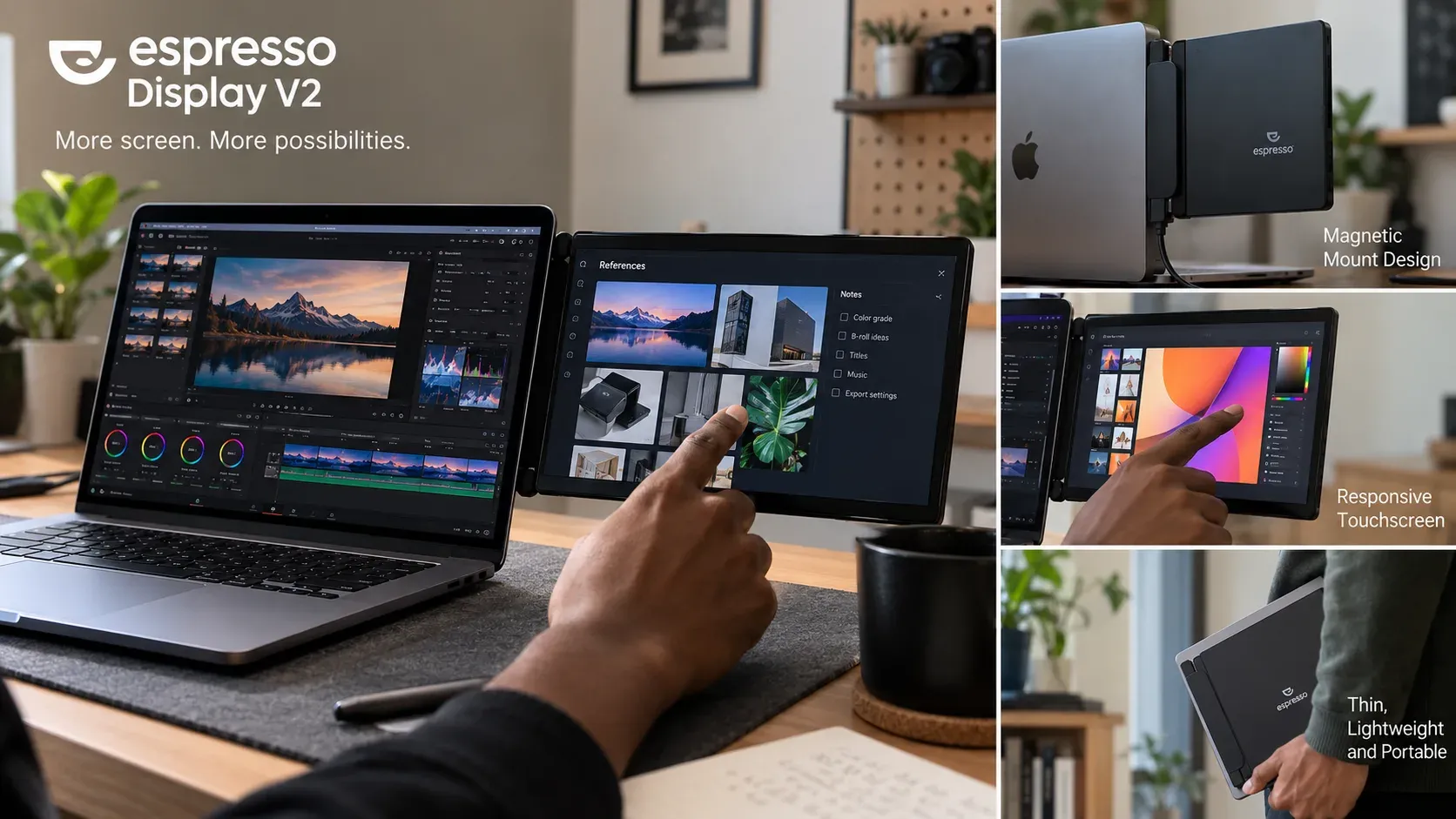 Espresso Display V2 showing its touchscreen capabilities and magnetic mount design.