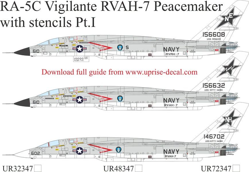 Nouvelle planche de décalcomanies pour le RA-5C disponible aux échelles 32/48/72 - URxx347 RA-5C Vigilante RVAH-7 Peacemaker avec stencils Pt.I