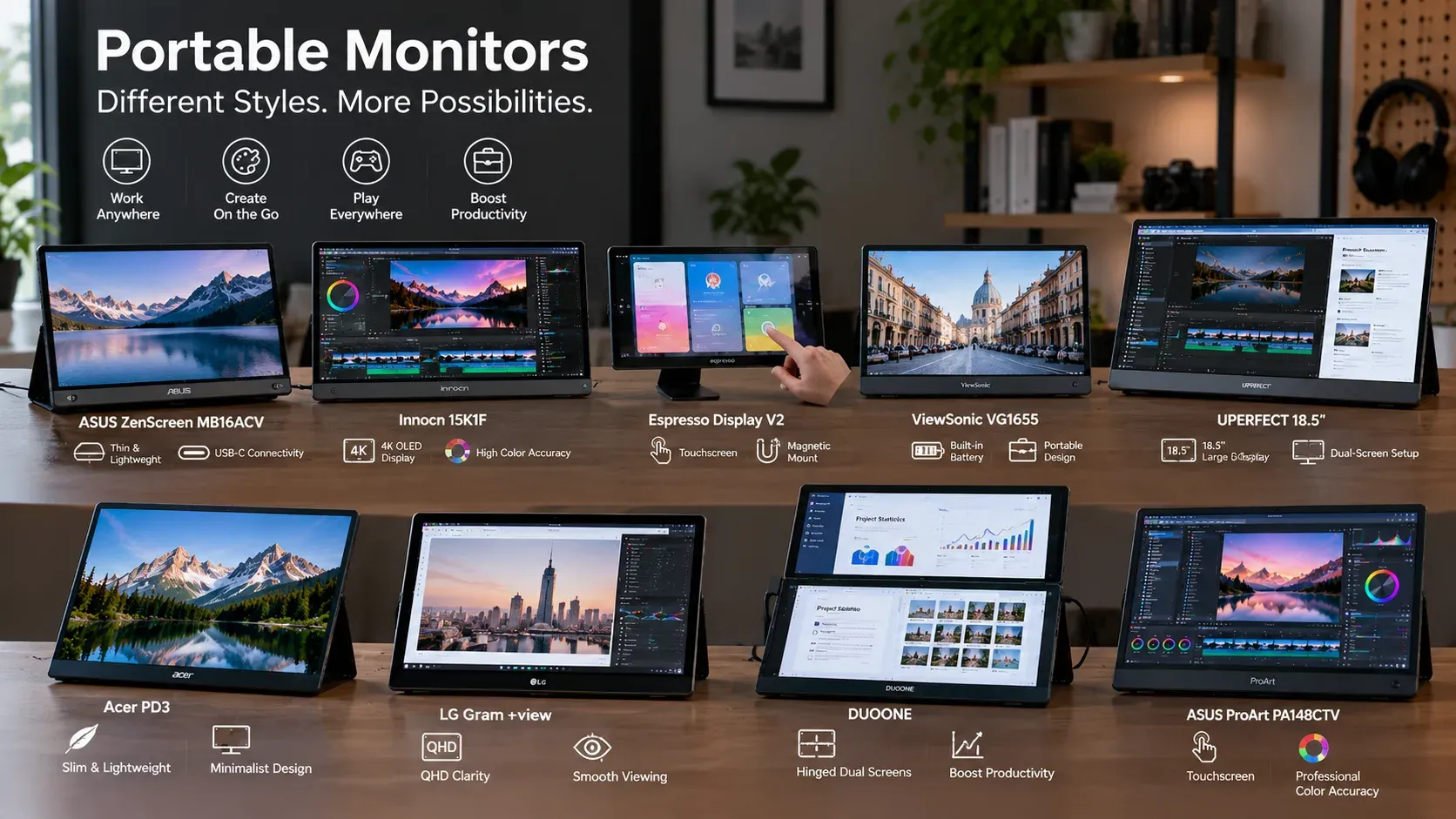 A collection of portable monitors arranged side by side, showing various features and designs.