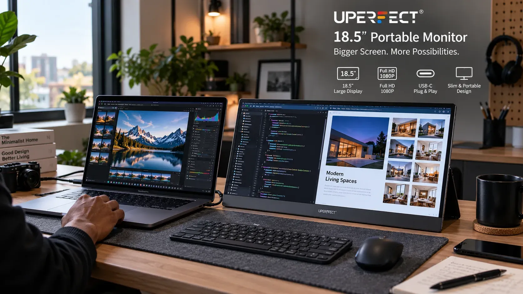 UPERFECT 18.5” Portable Monitor showing a dual-screen setup in a home office.