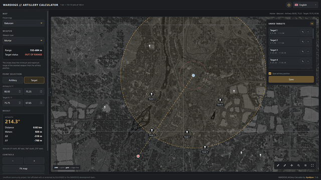 WARDOGS Artillery Range Calculator interface showing the Bakurani map and tactical grid