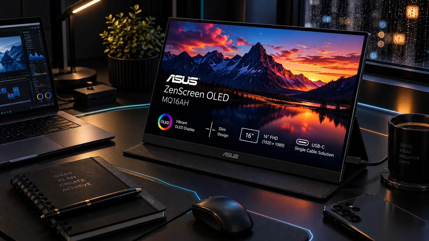ASUS ZenScreen OLED MQ16AH showing its vibrant OLED display and slim bezels.