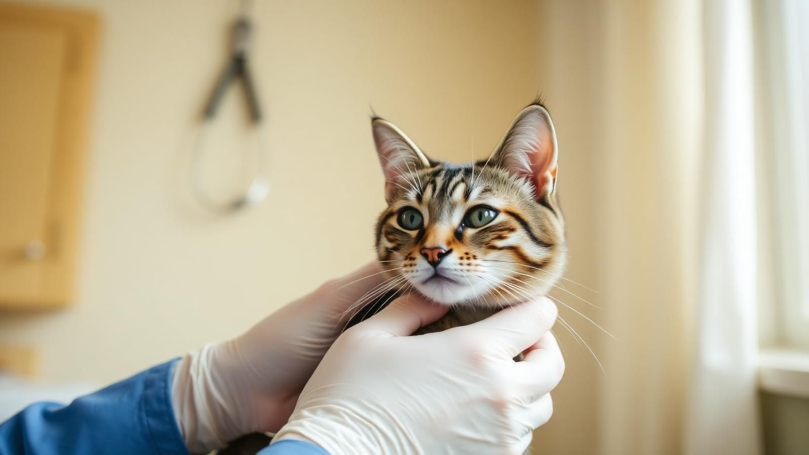A calm tabby cat being gently held during a wellness exam
