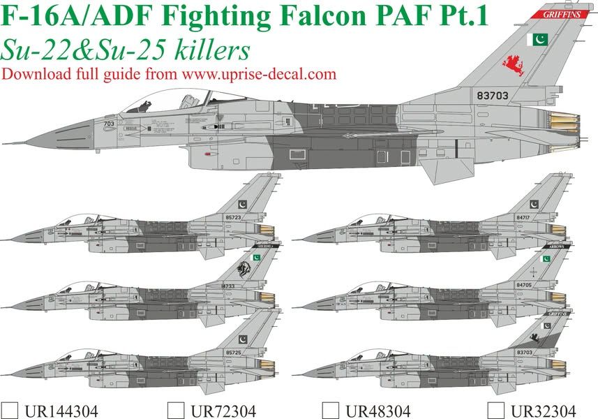 Le set de décals URxx304 F-16A/ADF Fighting Falcon PAF Pt.1 – Su-22 & Su-25 Killers avec stencils est disponible aux échelles 32/48/72.