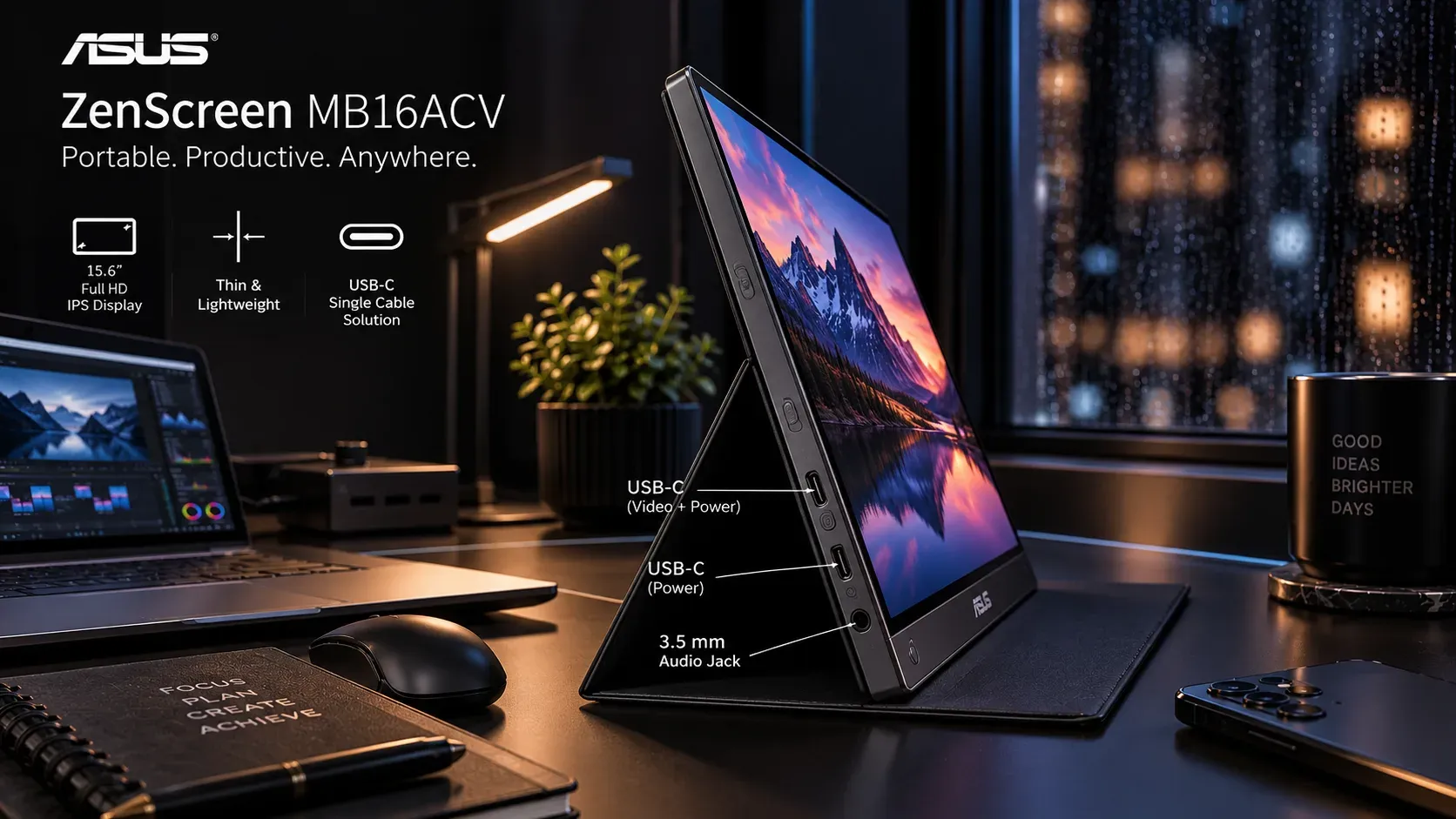 Side view of ASUS ZenScreen MB16ACV highlighting its thin profile and connectivity ports.